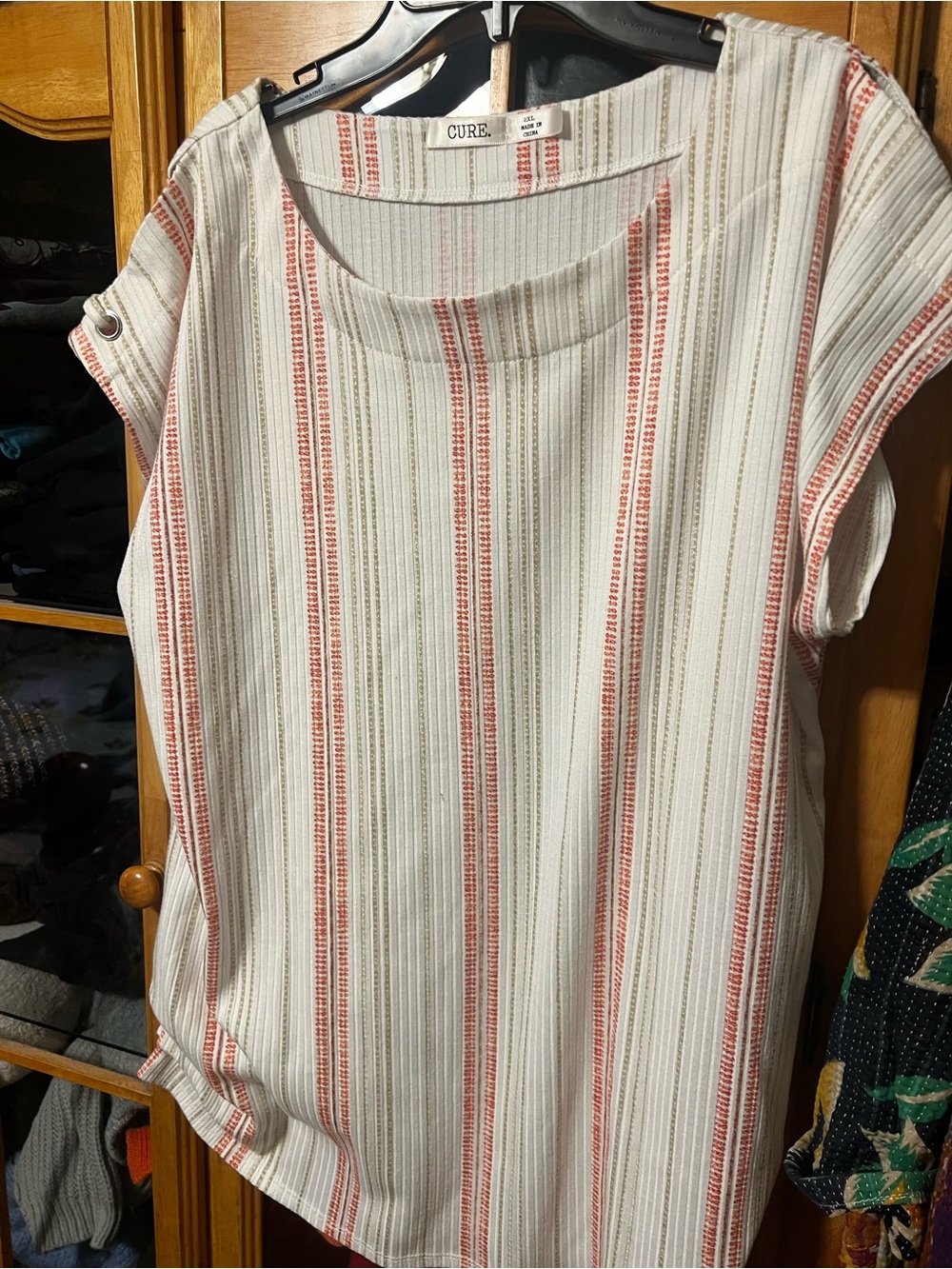 CURE Women's Short-Sleeve Striped Tunic in Cream and Coral
